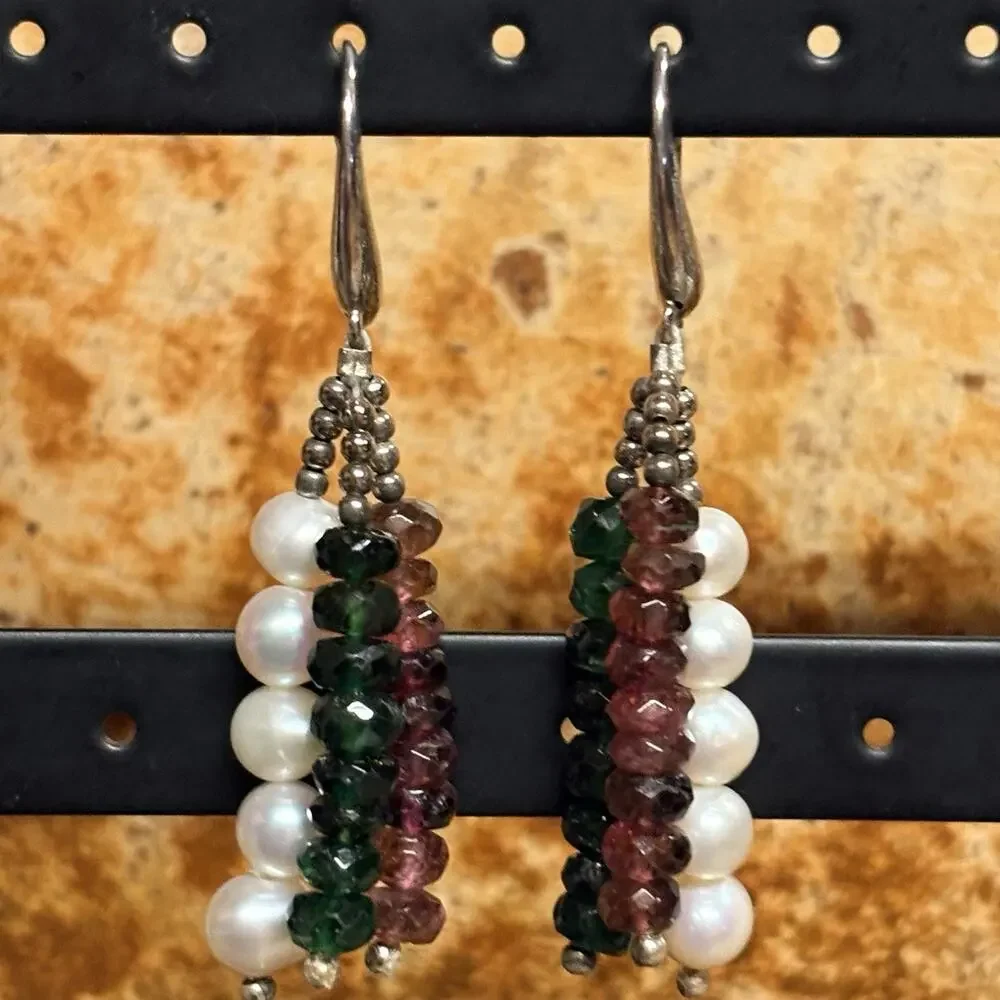 Sterling Silver Freshwater Pearl & Tourmaline Earrings Dangle Fishhooks Vintage